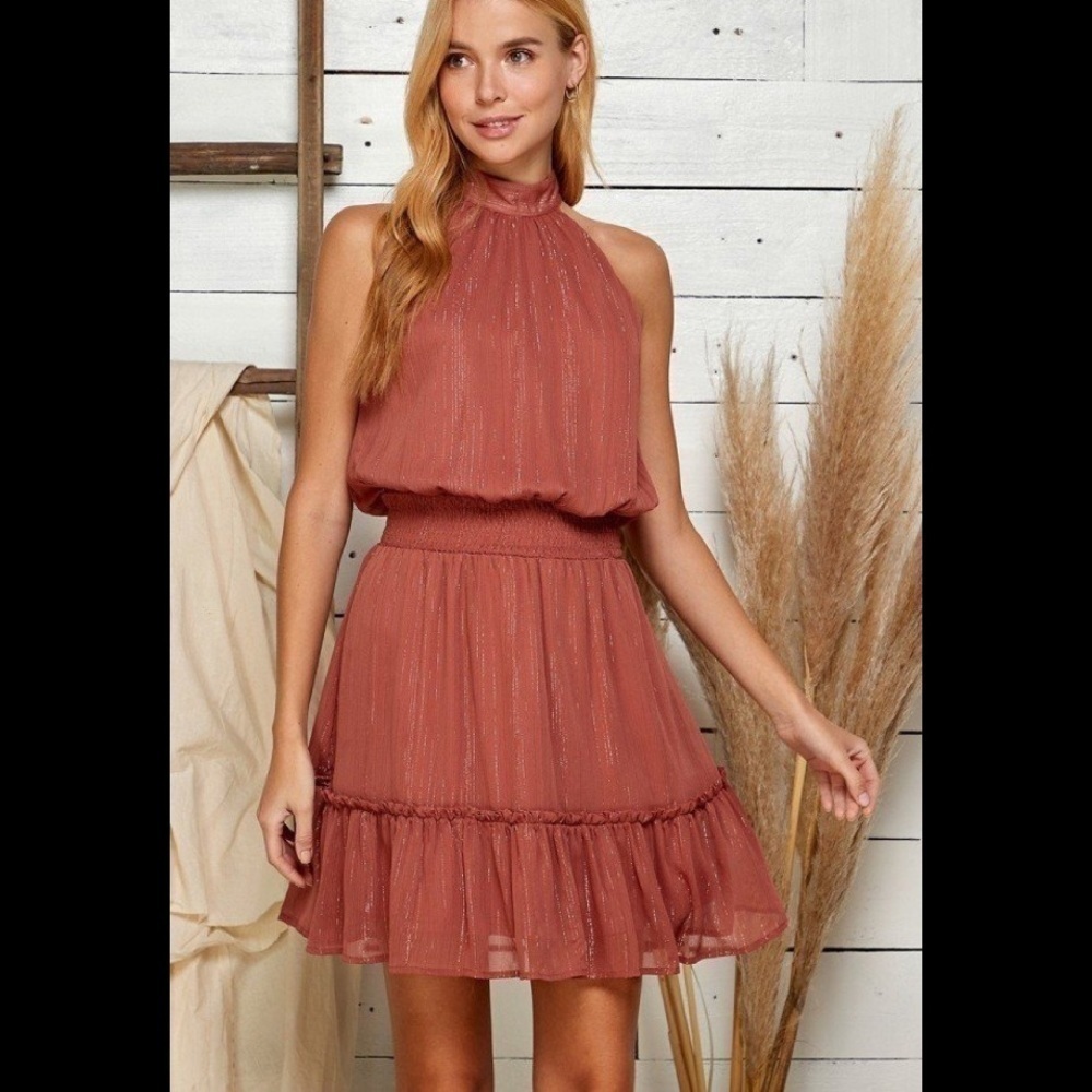 COPPER BOHO HALTER TIERED DRESS